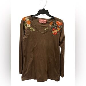 Johnny Was LA Brown Long Sleeve Tunic with Floral Embroidery Size L